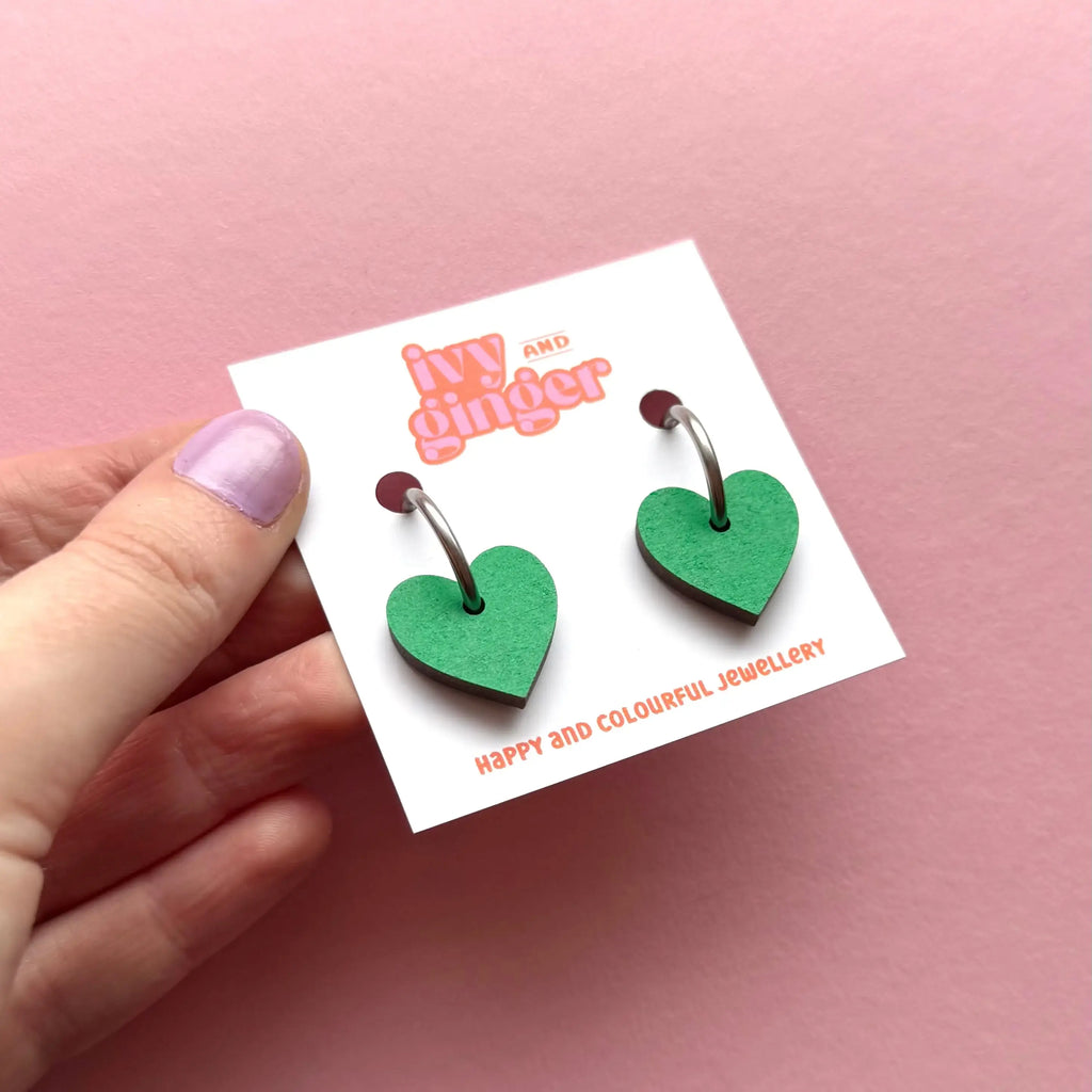 Green heart shaped statement valentines hoop earrings