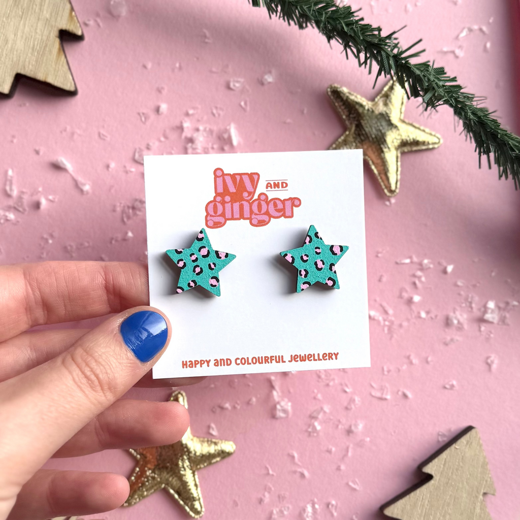 Ivy and Ginger Teal and pink leopard print star stud earrings