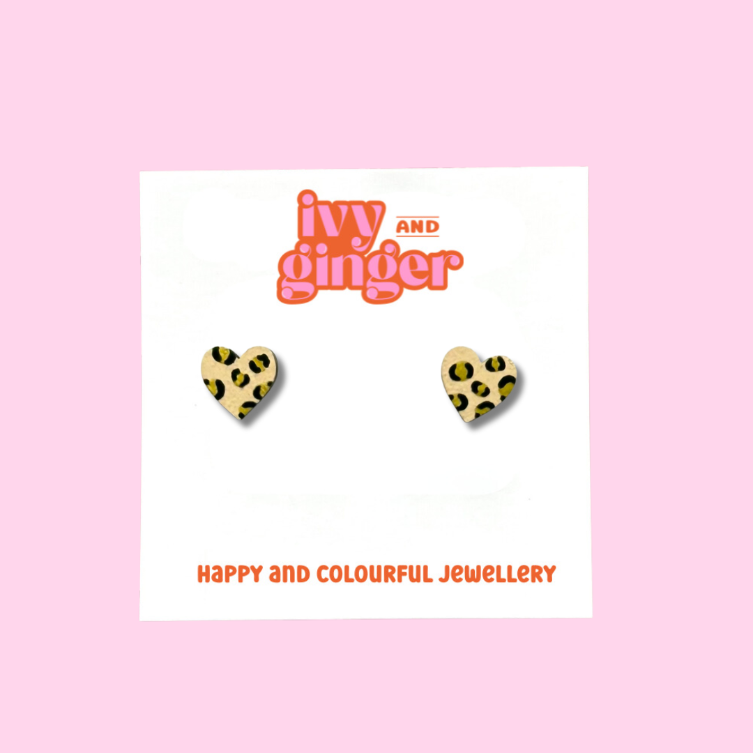 Ivy and Ginger Mini cream and gold leopard print heart stud earrings