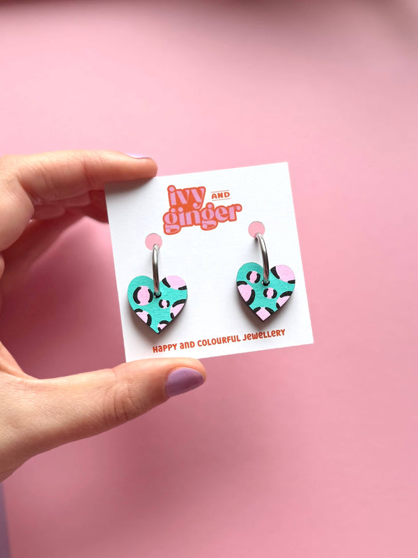 Ivy and Ginger Green and pink leopard print heart hoop earrings