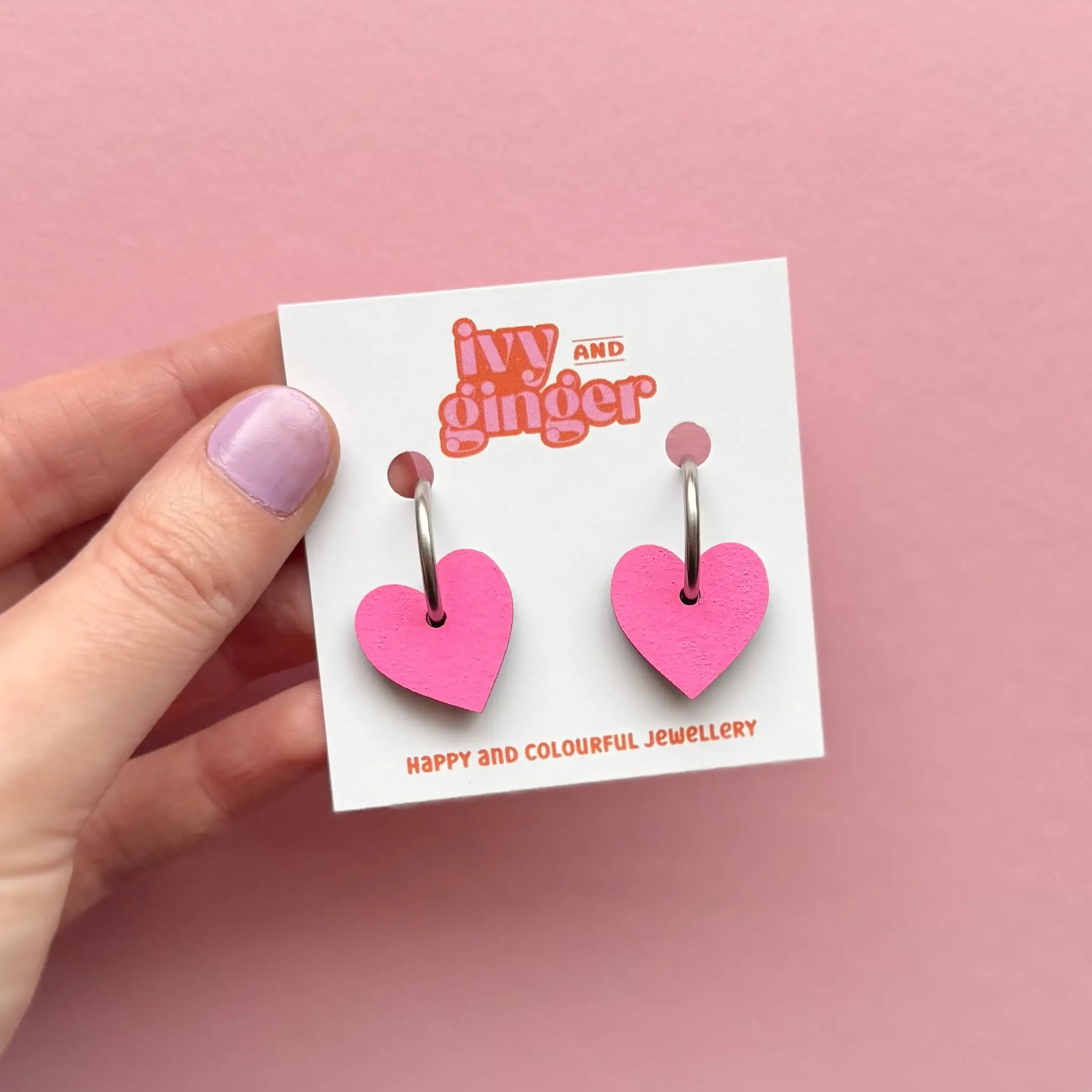 Ivy and Ginger Handmade Bold Statement Bright Pink Heart Hoop Earrings