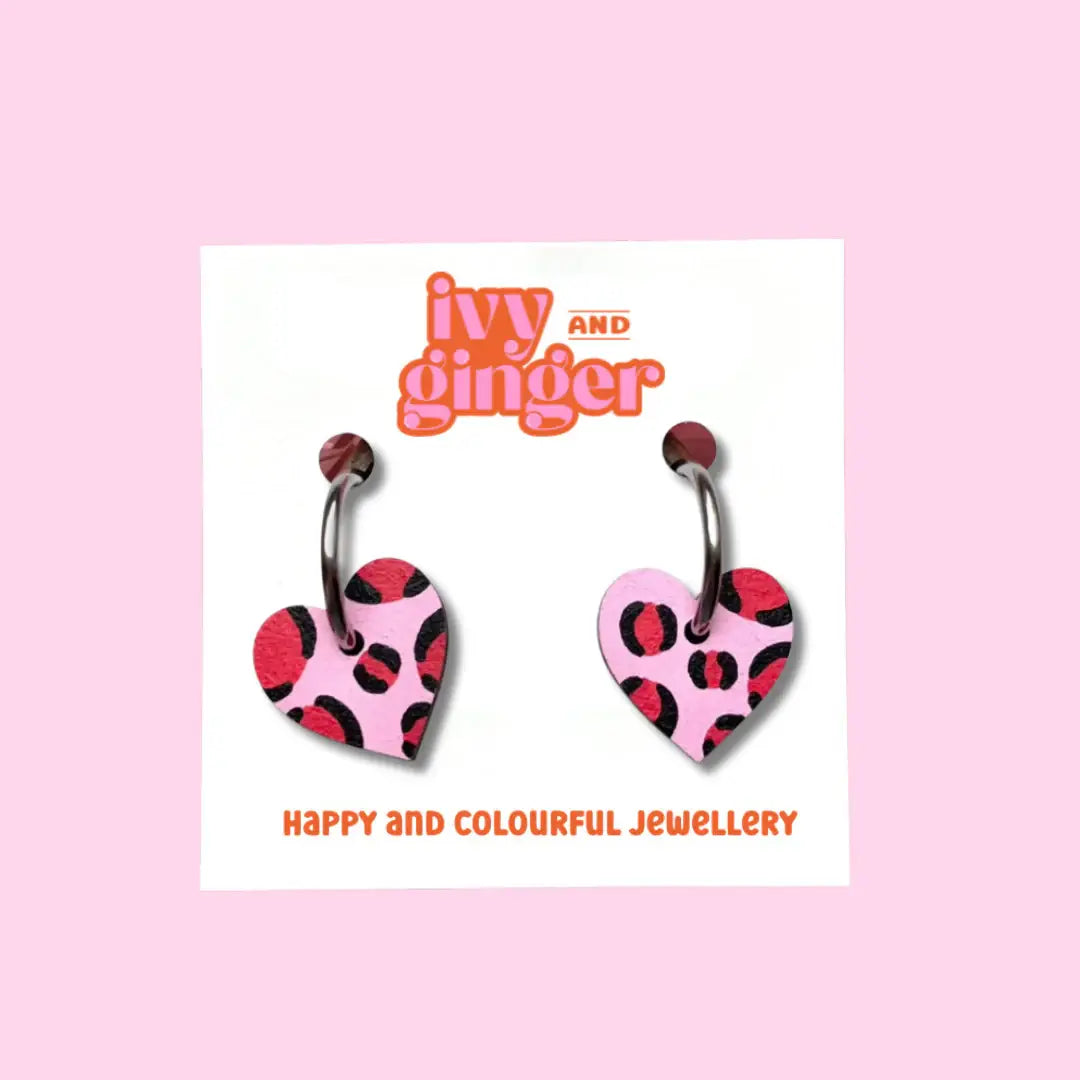 Ivy and Ginger Light pink and red leopard print small heart hoop earrings