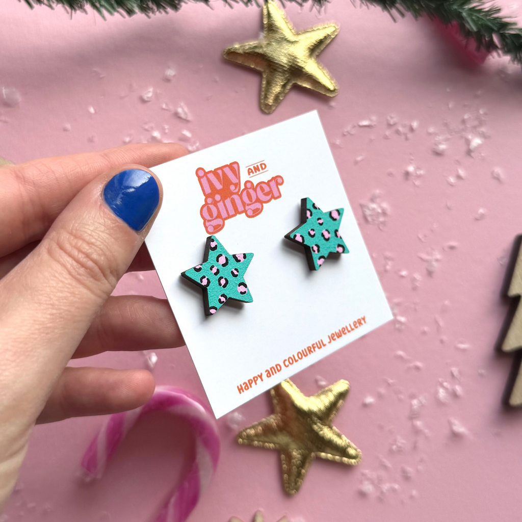 Ivy and Ginger Teal and pink leopard print star stud earrings