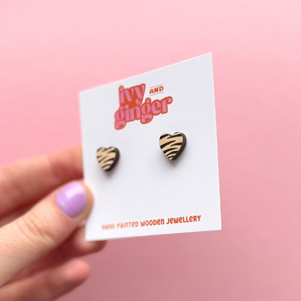 Ivy and Ginger Mini cream and black zebra print heart stud earrings