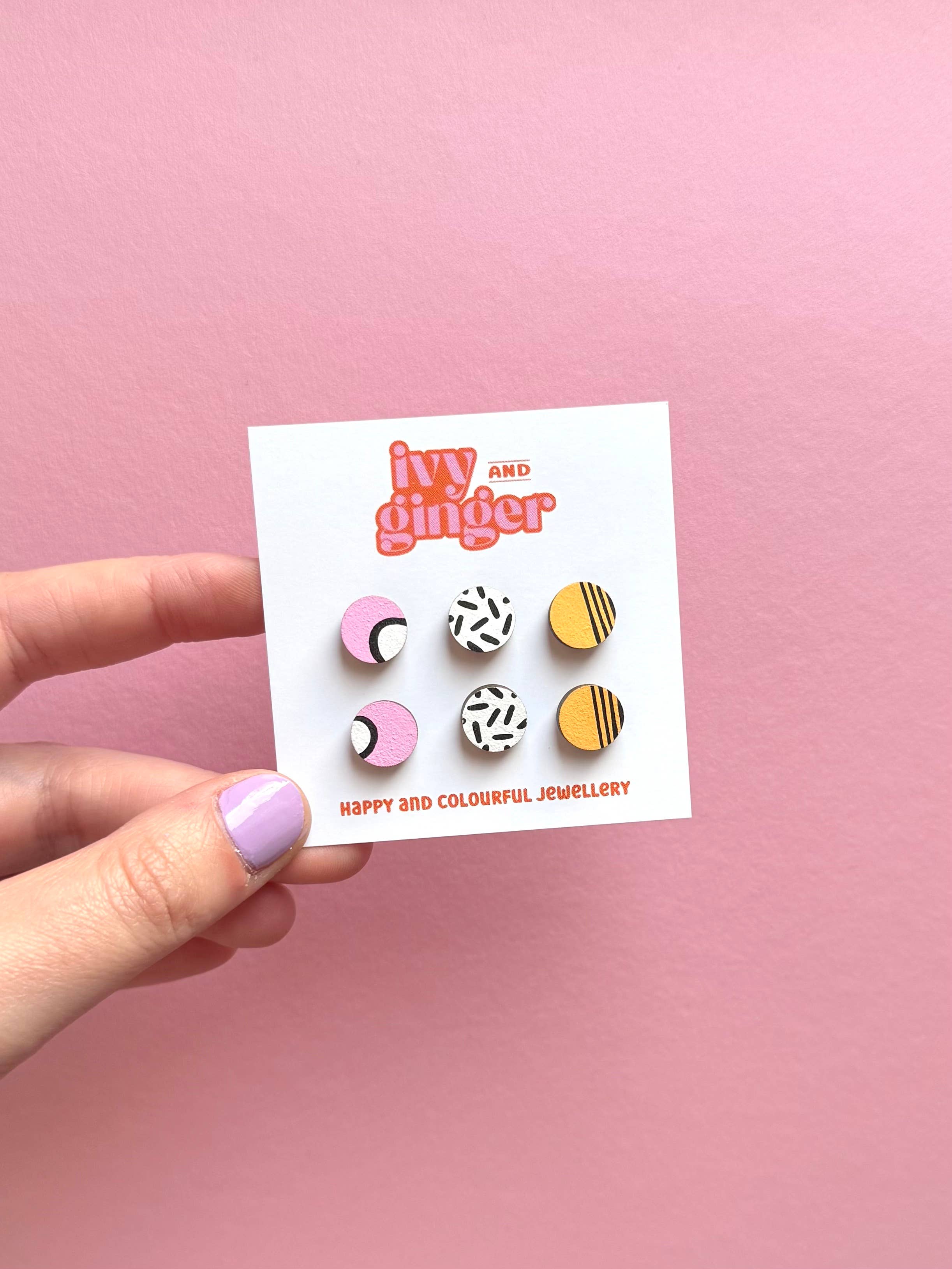 Ivy and Ginger Handmade tropical mini stud earrings set hand painted wood
