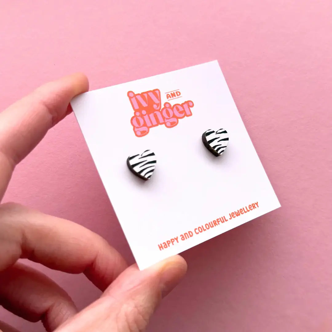 Ivy and Ginger Mini zebra print heart stud statement wooden earrings