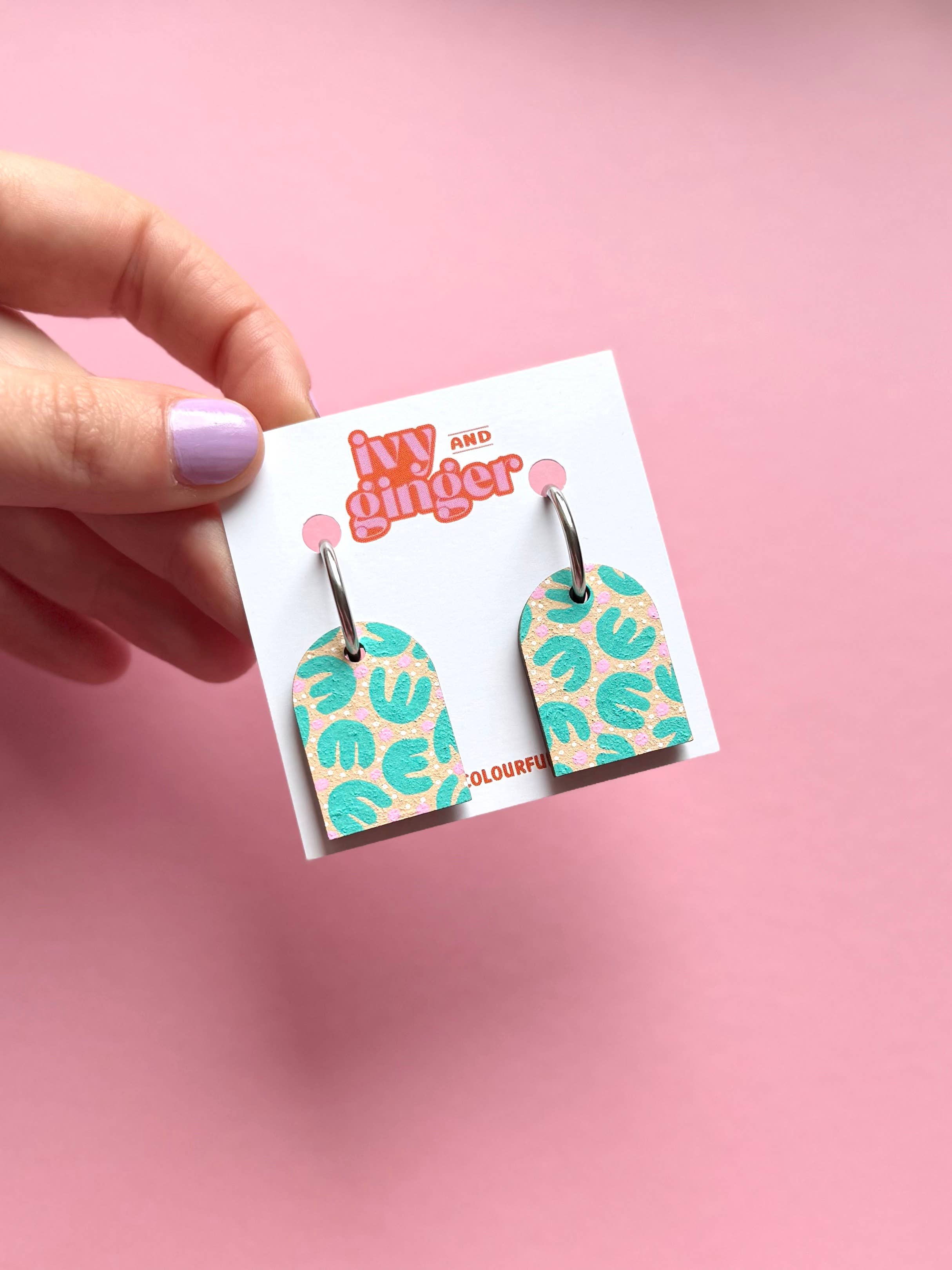 Ivy and Ginger Hand painted fun retro tropic arch dangle hoop earrings