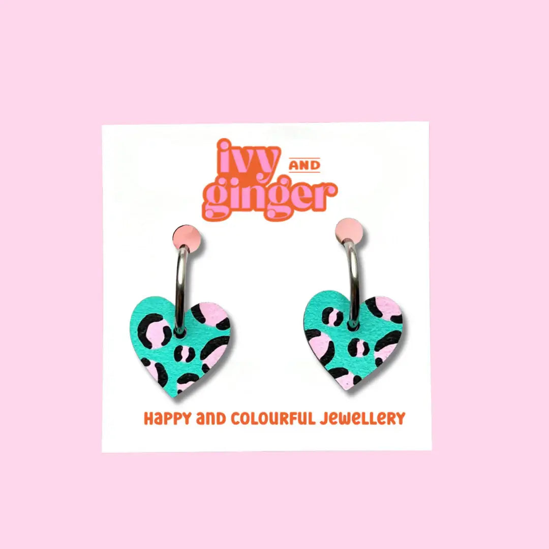 Ivy and Ginger Green and pink leopard print heart hoop earrings
